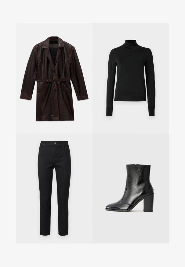 Abrigo largo de cuero marrón oscuro con cuello de muesca, dos bolsillos frontales, botones negros y un cinturón de cuero a juego con hebilla de metal.; Suéter negro de manga larga con cuello de tortuga, con puños y dobladillo acanalados, exhibido sobre un fondo blanco liso.; Jeans de mezclilla negra con corte recto, diseño de cinco bolsillos y cierre de botón. La tela tiene una textura suave y un ligero estiramiento.; Botín negro de cuero con textura suave, puntera puntiaguda y un tacón alto y robusto. Presenta una apertura lateral y un diseño minimalista.