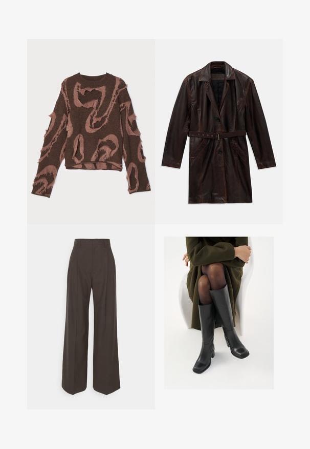 Dark brown leather long coat with notch collar, two front pockets, black buttons, and a matching leather belt with metal buckle.; Brown knitted sweater with a textured design featuring frayed areas and a swirling pink pattern. Round neckline and long sleeves.; Dark brown wide-leg trousers with a high waist, featuring neatly pressed creases, smooth texture, and a tailored fit.; Knee-high black leather boots with a squared toe and block heel, shown with a model seated in an olive green coat. Smooth texture, minimal detailing.