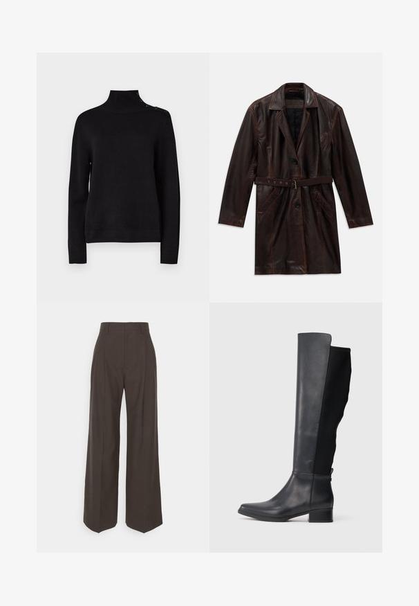 Caban lung din piele maro închis, cu guler cu decupaj, două buzunare frontale, nasturi negri și o curea din piele asortată, cu cataramă metalică.; Pulover negru cu guler înalt, cu mâneci lungi, textură canelată și detaliu cu nasturi pe umăr. Design simplu, fără modele vizibile.; Pantaloni largi de culoare maro închis, cu talie înaltă, prezentând pliante bine călcate, textură fină și o croială adaptată.; Cizme înalte din piele neagră și material textil, cu toc mic și rotund, prezentate din profil lateral pe un fundal alb.