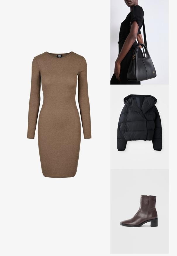 Must must küll, millel on lühendatud disain, kapuuts, tikitud tekstuur ja elastsed mansetid. Minimalistlik stiil ja kerge materjal.; Kurruli, pikemate varrukatega kleit rikkalikus pruuni värvuses. Omab ümmargust kaelust ja liibuvat siluetti, valmistatud venivast kudumist.; Tumed pruun nahast pahkluu saapad ruuduvarbaga, ploki kontsaga ja peene embosseeritud logoga ülaosas, valgel taustal.; Mustmustest mustkott, millel on hobo kuju, sujuva tekstuuriga, ümar ülaosa ja kuldsete detailidega.