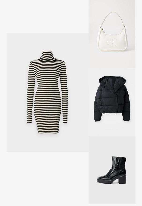 Svart paddlejakke med cropped design, med hette, kviltet tekstur og elastiske mansjetter. Minimalistisk stil og lett materiale.; Stripet genserkjole med svarte og hvite horisontale striper, lange ermer og en tettsittende silhuett laget av ribbestrikket stoff.; Sorte lakkskinn ankelstøvler med buet tå, elastiske sidestykker og en chunky klossheel. Har preget logo på baksiden.; Hvit lærveske med en buet fasong, med et preget "CK"-logo på forsiden og en enkel skulderstropp. Glidelåslukking på toppen.