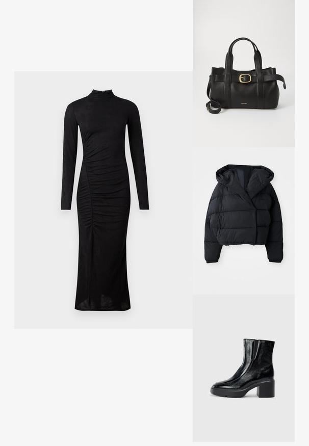 Giubbotto imbottito nero con un design cropped, dotato di cappuccio, texture trapuntata e polsini elasticizzati. Stile minimalista e materiale leggero.; Abito nero a maniche lunghe con colletto alto, dettagli arricciati sul lato e silhouette dritta, realizzato in un tessuto morbido ed elastico.; Stivali alla caviglia in pelle verniciata nera con punta curva, pannelli laterali elasticizzati e tacco robusto. Presentano un logo impresso sul retro.; Borsa a mano in pelle nera con un design strutturato, doppie maniglie superiori, accentuazione in metallo dorato e logo del marchio in rilievo sul davanti.