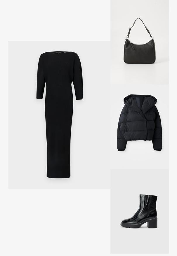 Black puffer jacket with a cropped design, featuring a hood, quilted texture, and elastic cuffs. Minimalist style and lightweight material.; Black long-sleeve ribbed dress with a fitted bodice and a straight skirt. Smooth texture with a round neckline and minimal detailing.; Black patent leather ankle boots with a curved toe, elastic side panels, and a chunky block heel. Features embossed logo on the back.; Black leather handbag with a curved shape, a single strap, zip closure, and subtle branding on the front. Smooth texture, minimalist design.