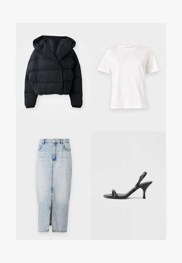 Svart puffjacka med en cropped design, utrustad med huva, vadderad textur och elastiska mudd. Minimalistisk stil och lättviktsmaterial.; Vit bomullströja med korta ärmar, rund halsringning och en avslappnad passform. Slät textur, inga mönster eller detaljer, minimalistisk design.; Ljusblå denimkjol med en frontslits, hög midja, fem fickor och synlig sömnad. Har en klassisk design och en mjuk textur.; Svarta läder högklackade sandaler med en smal, böjd klack och ett korsat remdesign. Justerbar ankelrem. Slät textur.