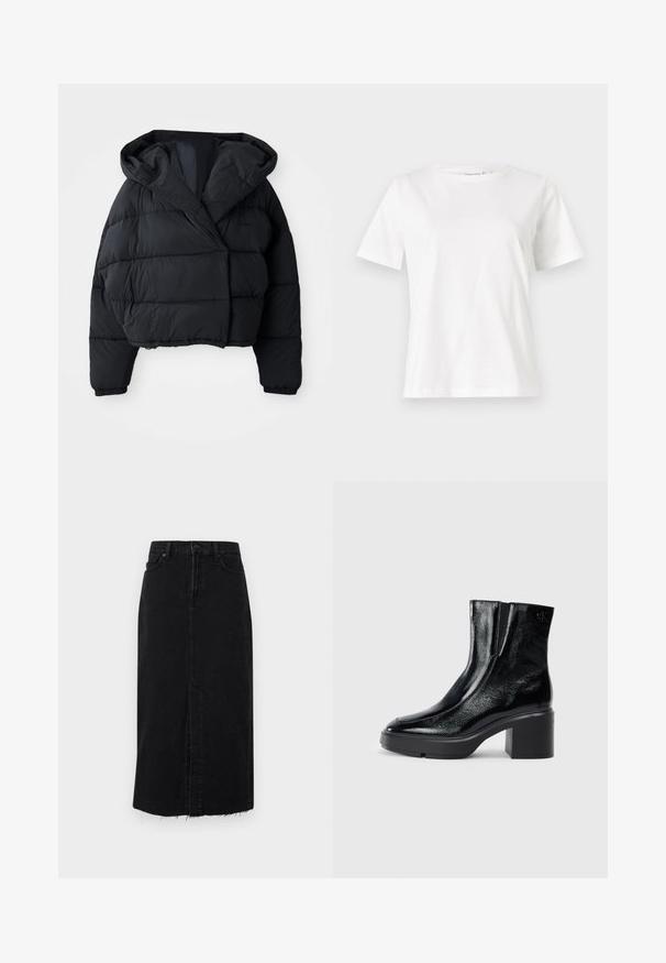 Sort pufferjakke med cropped design, der har hætte, quiltet tekstur og elastiske manchetter. Minimalistisk stil og letvægtsmateriale.; Hvid bomulds t-shirt med korte ærmer, rund halsudskæring og en afslappet pasform. Glat tekstur, ingen mønstre eller accenter, minimalistisk design.; Sort denim midi-nederdel med lige snit, frontslids og tvistet kant. Har en knaplukning og to sidelommer.; Sorte patenterede læderankelstøvler med en buet tå, elastiske sidepaneler og en kraftig blokhæl. Har et præget logo på bagsiden.