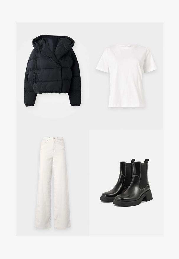 Černá puff jacket s krátkým střihem, má kapuci, prošívanou texturu a elastické manžety. Minimalistický styl a lehký materiál.; Bílý bavlněný tričko s krátkým rukávem, kulatým výstřihem a volnějším střihem. Hladká textura, bez vzorů nebo akcentů, minimalistický design.; ONLY Tall ONLHOPE GLOBAL HIGH WAIST WIDE - Kalhoty - pumice stone; Černé kožené chelsea boty s masivním podpatkem, elastickými bočními panely a kontrastním bílým prošitím. Texturovaný povrch.