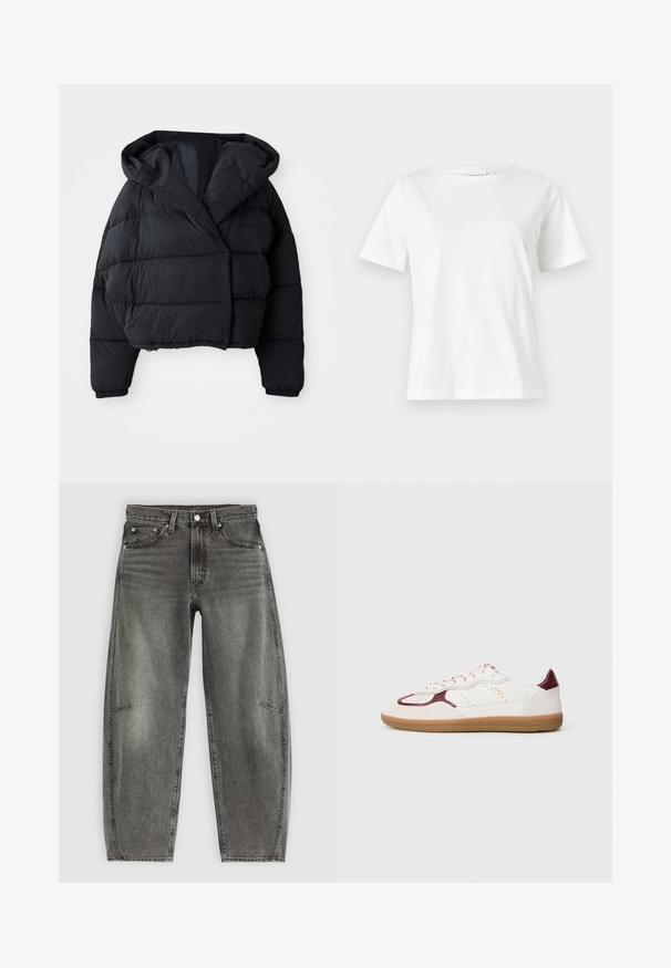 Must must küll, millel on lühendatud disain, kapuuts, tikitud tekstuur ja elastsed mansetid. Minimalistlik stiil ja kerge materjal.; Valge puuvillane T-särk lühikeste varrukatega, ümmarguse kaelusega ja vabalt istuv. Sile tekstuur, ilma mustrite ja aktsentideta, minimalistik disain.; Kõrge vöökohaga hallid pestud denim püksid viie taskuga, nupukinnitusega ja mugava sirge lõikega.; Valge ja burgundia nahast madal toss, millel on kummist põhi, perforatsioonid ja roosa-valged sussid, näidatud külgvaates eraldi taustal.