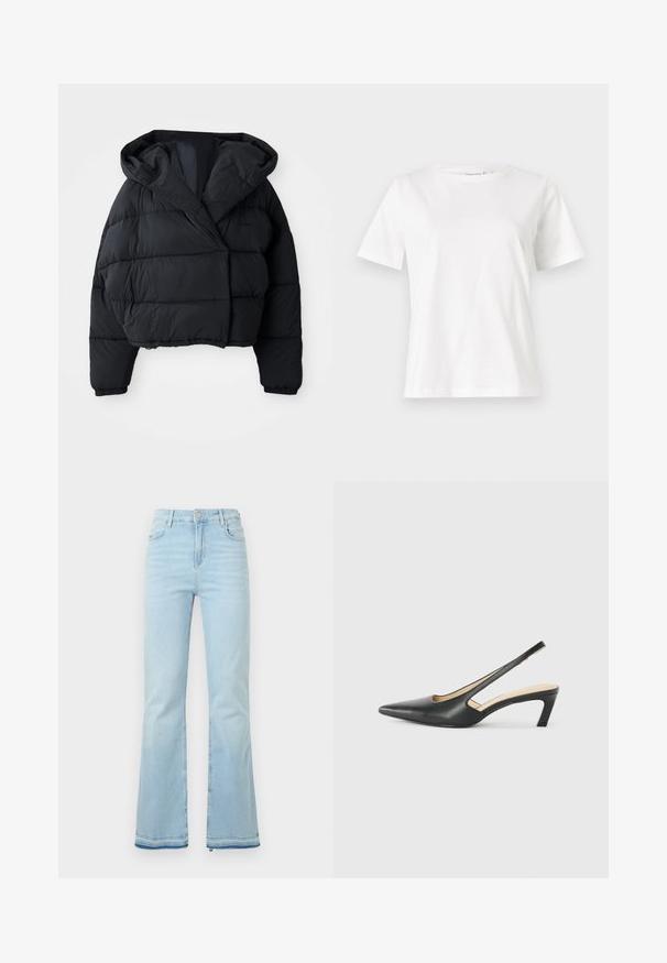 Juodas pūkinis džemperis su apkarpytu dizainu, su gobtuvu, siuvinėta tekstūra ir elastiniais rankovėmis. Minimalistinis stilius ir lengvas audinys.; Balta medvilninė marškinėliai trumpomis rankovėmis, su apvalia iškirpte ir laisvu siluetu. Lygi tekstūra, be raštų ar akcentų, minimalistinis dizainas.; Šviesiai mėlyni, platėjantys džinsai pagaminti iš denimo, su aukštu juosmeniu, priekinėmis kišenėmis ir nelygiais apačiais, suteikiančiais kasdišką išvaizdą.; Juodas smailus slingback batelis su žemu kulnu, pagamintas iš lygaus odos paviršiaus ir su išpjovomis šone, užtikrinančiomis oro pralaidumą.