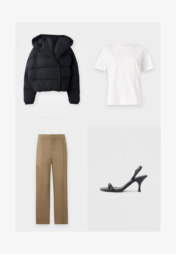 Casaco puffer preto com design cropped, apresentando capuz, textura acolchoada e punhos elásticos. Estilo minimalista e material leve.; T-shirt de algodão branco com mangas curtas, decote redondo e um corte descontraído. Textura suave, sem padrões ou detalhes, design minimalista.; Calças caqui feitas de tecido suave, com cintura média, design de perna reta e duas costuras verticais para um detalhe adicional.; Sandálias de salto alto em couro preto com um salto curvado e fino e um design de tiras cruzadas. Correia ajustável no tornozelo. Textura suave.