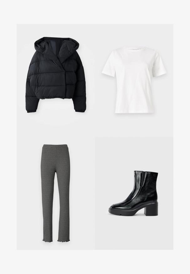 Black puffer jacket with a cropped design, featuring a hood, quilted texture, and elastic cuffs. Minimalist style and lightweight material.; White cotton t-shirt with short sleeves, round neckline, and a relaxed fit. Smooth texture, no patterns or accents, minimalistic design.; Gray ribbed knit pants with a fitted design, ruffled hem, and elastic waistband. Features a textured pattern throughout.; Black patent leather ankle boots with a curved toe, elastic side panels, and a chunky block heel. Features embossed logo on the back.