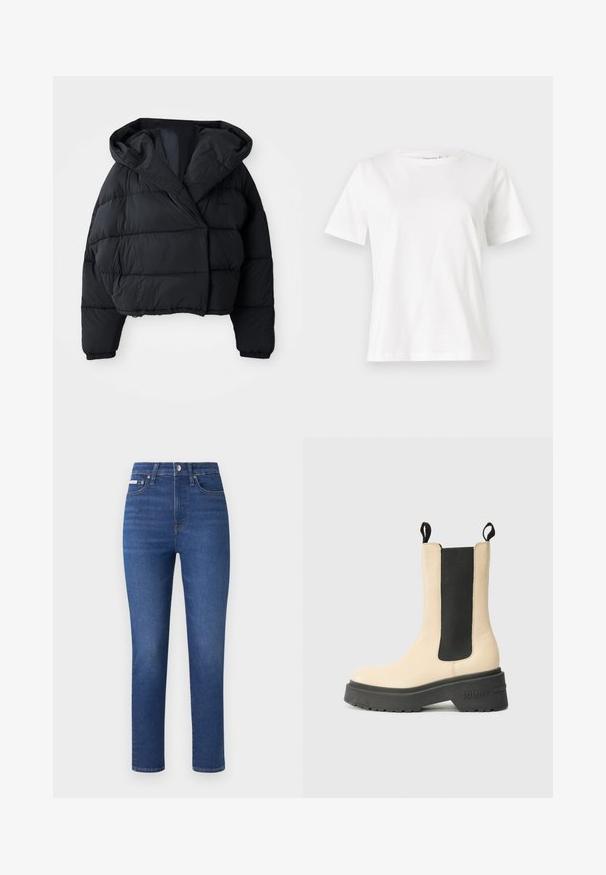 Casaco puffer preto com design cropped, apresentando capuz, textura acolchoada e punhos elásticos. Estilo minimalista e material leve.; T-shirt de algodão branco com mangas curtas, decote redondo e um corte descontraído. Textura suave, sem padrões ou detalhes, design minimalista.; Jeans de denim numa tonalidade azul escura com corte reto, design de cinco bolsos e detalhes de costura subtil. Apresenta um fecho com zip e botão.; Bota de tornozelo bege com painel lateral elástico preto e sola de borracha, apresentando um logótipo da marca em destaque no calcanhar. Design simples e moderno.