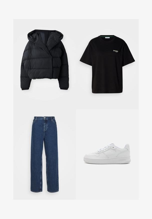 Crna puffer jakna s krojenjem koji se završava iznad struka, sa kapuljačom, kvadratnim uzorkom i elastičnim manžetama. Minimalistički stil i lagani materijal.; Crna pamučna majica s kratkim rukavima, s malim zelenim logotipom na lijevoj strani prsne šupljine. Klasični kroj s okruglim izrezom, opušteni fit.; Tamno plave traperice širokih nogavica s visokim strukom, s kopčanjem na gumb i patentni zatvarač, dizajnom s pet džepova i ravnim krojem od bokova do rubova.; Bijele kožne tenisice s niskim dizajnom, teksturiranom površinom, okruglim vrhom, perforacijama za prozračnost i utisnutim logotipom sa strane.