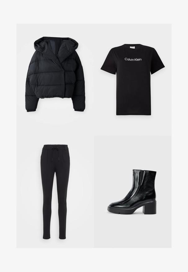 Musta puffatakki, jossa on lyhennetty malli, huppu, tikattu pinta ja elastiset hihansuut. Minimalistinen tyyli ja kevyt materiaali.; Musta puuvillapaita lyhyillä hihoilla, jossa on valkoinen "Calvin Klein" -logo painettuna rinnan kohtaan. Klassinen pyöreä kaula-aukko.; Mustat, kapenevat jogger-housut, jotka on valmistettu pehmeästä ja joustavasta kankaasta. Sisältää elastisen vyötärönauhan, jossa on kiristysnauha, sekä sivutaskut. Sujuva pinta.; Musta patentoitu nahkasaappaat nilkkoihin, joissa on kaareva kärki, joustavat sivupaneelit ja paksu lohkoilut. Takana on kohokuvioitu logo.