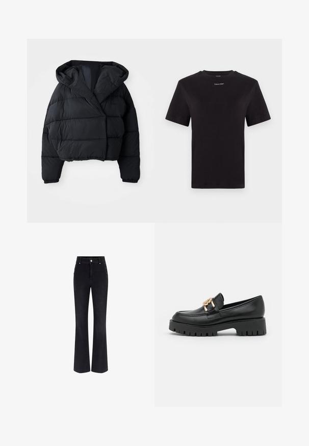 Black puffer jacket with a cropped design, featuring a hood, quilted texture, and elastic cuffs. Minimalist style and lightweight material.; Black cotton t-shirt with short sleeves, crew neck, and small white "Calvin Klein" logo at the chest. Smooth texture, classic fit.; Black denim flared jeans featuring a high waist, five-pocket design, and metallic button accents on the sides. Smooth texture and classic fit.; Black leather loafer with a chunky sole and gold hardware accent; features rounded toe and stitched detailing along the upper.