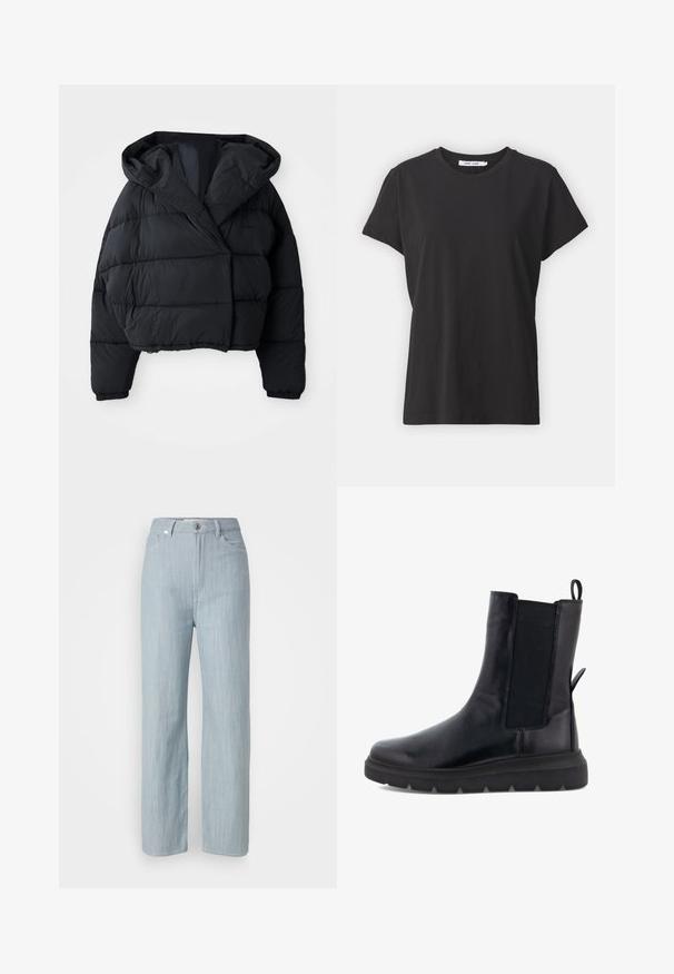 Fekete puffdzseki rövidített fazonnal, kapucnival, steppelt textúrával és rugalmas mandzsettákkal. Minimalista stílus és könnyű anyag.; Fekete pamut póló klasszikus kerek nyakkal, rövid ujjakkal és laza fazonnal. Simább textúra, látható minták vagy díszítések nélkül.; Világoskék egyenes szárú farmernadrág. Öt zsebbel, fém gombos záródással és finom kopási hatással a textúra érdekében rendelkezik.; Fekete bokacsizma sima bőrből, elasztikus oldalsó panelek, hátsó húzófül és vastag gumitalp jellemzi.