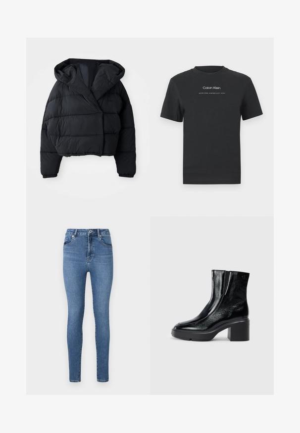 Casaco puffer preto com design cropped, apresentando capuz, textura acolchoada e punhos elásticos. Estilo minimalista e material leve.; T-shirt de algodão preto com decote redondo, mangas curtas e logotipo "Calvin Klein" impresso em branco, acompanhado do texto "Established 1968".; Jeans skinny em denim azul médio, com cintura alta, design de cinco bolsos e detalhes de costura subtil nos bolsos e nas costuras.; Botas de tornozelo de verniz preto com ponta curva, painéis laterais elásticos e um salto quadrado robusto. Apresenta um logotipo em relevo na parte de trás.