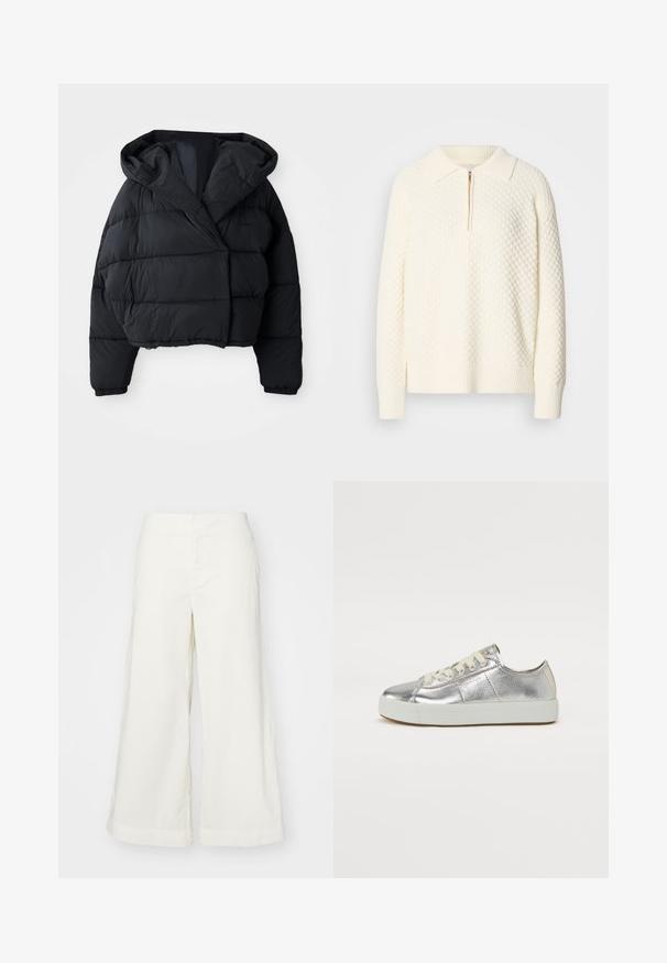 Must must küll, millel on lühendatud disain, kapuuts, tikitud tekstuur ja elastsed mansetid. Minimalistlik stiil ja kerge materjal.; Valge kudumiga pullover, millel on tekstuuriline muster, poole pikendus ja ribakrae ning -mansetid. Materjal näib pehme ja mugav.; Valged laiad püksid, valmistatud kergest kangast, kõrge vöökoha ja õmblustega detailidega. Need pakuvad vabalt langevat istuvust ja puhtaid jooni.; Hõbedased metallik tennisetossud, millel on siledad ja säravad pinnad, kontrastsete valgete paelte ja valge kummist tallaga. Kujundust rõhutavad dekoratiivne õmblused.