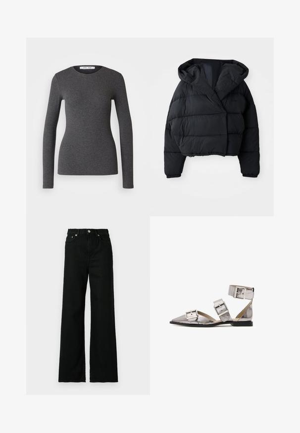 Black puffer jacket with a cropped design, featuring a hood, quilted texture, and elastic cuffs. Minimalist style and lightweight material.; Long-sleeved, round-necked top in dark gray, made from ribbed fabric with a fitted design, featuring a smooth texture and minimal detailing.; Black denim jeans with a high waist, wide-leg cut, featuring a front button and zip closure, and classic five-pocket design.; AllSaints SUTTON - Ankle cuff sandals - GUNMETAL GREY