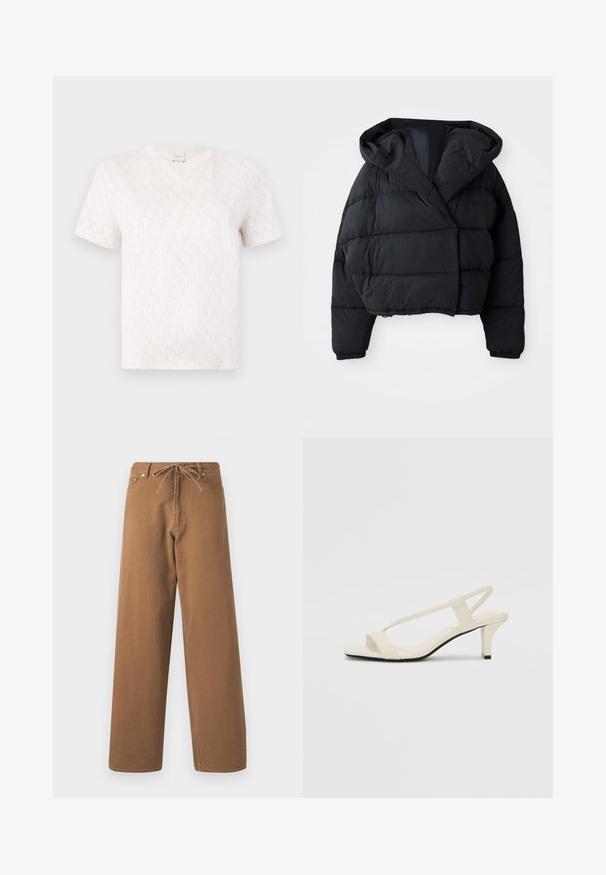 Črna napihljiva jakna s skrajšano zasnovo, ki ima kapuco, motno teksturo in elastične manšete. Minimalističen slog in lahka snov.; Kratke rokave, kremna majica iz bombaža z diskretnim vseobsegajočim monogramom. Ima okroglo ovratnik in sproščen kroj.; Rjave hlače širokega kroja, izdelane iz bombaža, z elastičnim pasom na vrvico in dvema sprednjima žepoma. Tekstura blaga z gladko površino.; Bež sandale z blok peto, tankimi trakovi in kvadratnim prstom. Gladek material z minimalnim okrasjem, zasnovan za enostavno nošenje.