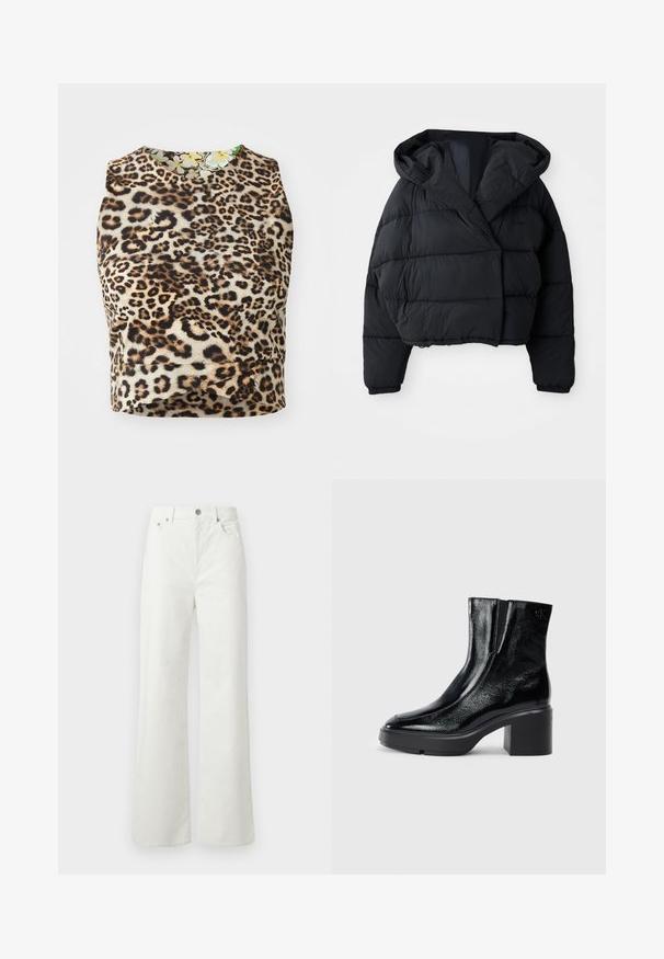 Fekete puffdzseki rövidített fazonnal, kapucnival, steppelt textúrával és rugalmas mandzsettákkal. Minimalista stílus és könnyű anyag.; Leopárdmintás, ujjatlan felső, puha anyagból készült, kerek nyakkivágással és virágmintás bélésdíszítéssel.; Samsøe Samsøe SHELLY - Laza szabású farmerek - clear cream; Fekete lakkbőr bokacsizma ívelt orral, elasztikus oldalpanelek és vastag blokk sarkal. A hátsó részen dombornyomott logó található.