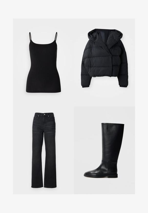 Schwarze Pufferjacke mit einem taillierten Design, ausgestattet mit einer Kapuze, gestepptem Material und elastischen Bündchen. Minimalistischer Stil und leichtes Material.; Schwarze Spaghetti-Top mit dünnen verstellbaren Trägern, glattem Stretchstoff und figurbetonter Silhouette. Keine Muster oder Verzierungen.; Schwarze Denim-Jeans im weit geschnittenen Stil mit hoher Taille, Fünf-Taschen-Design und silbernem Metallknopf. Der Stoff hat eine glatte Textur und bietet einen leichten Stretch.; Schwarze Lederstiefel bis zum Knie mit runder Zehenform, glatter Textur, minimalistischem Design und flacher Sohle. Einfache Nahtdetails am Schaft.