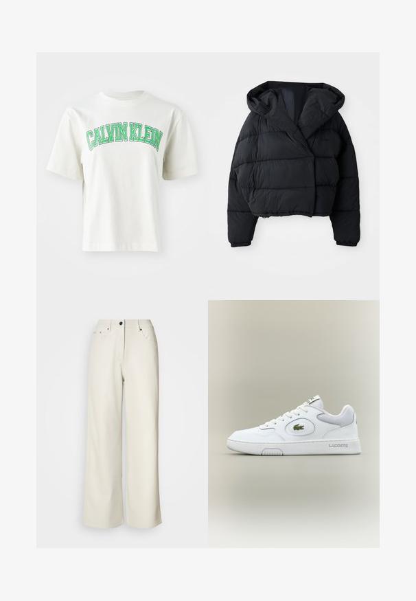Black puffer jacket with a cropped design, featuring a hood, quilted texture, and elastic cuffs. Minimalist style and lightweight material.; White cotton cropped t-shirt featuring a green and black "CALVIN KLEIN" logo in bold, arching text across the front. Short sleeves.; Cream wide-leg pants made of smooth fabric. Features a mid-rise waist, zipper fly, and two front pockets with black hardware accents.; White leather sneaker with mesh accents, round toe, and flat laces. Features a green crocodile logo and "LACOSTE" branding on the heel.