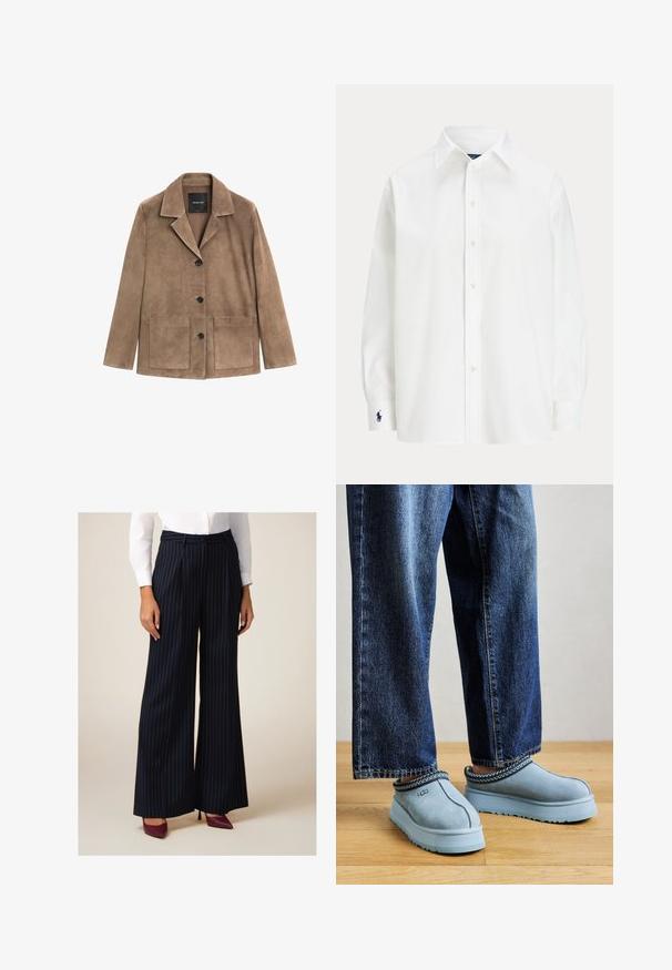 Bruine suède jas met een reverskraag, knoopsluiting aan de voorkant, twee grote opgestikte zakken en lange mouwen. Soepele textuur met een casual ontwerp.; Witte button-up shirt met lange mouwen, klassieke kraag en een klein blauw logo op de manchet. Gladde katoenstof, gestructureerde pasvorm.; Marineblauwe wijde broek met verticale witte strepen, uitgerust met een getailleerde taille en riemlussen, gemaakt van een soepele stof.; Blauwe suède instap UGG-schoenen met dikke zolen, gedragen met een blauwe jeans op een houten vloer tegen een effen achtergrond.