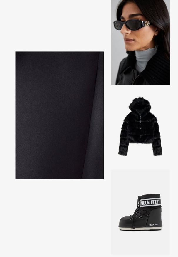 Must värvi faux karusnaha lühike jakk kapuutsiga. Omab tõmblukku, pehmet tekstuuri ning horisontaalset tikandimustrid.; Must tume, millel on sile tekstuur ja kerge sära. Ühtlane värv ilma mustriteta, materjalis on nähtavad voldid.; Must musta moonboot, millel on pehmendatud ülaserv, mis on kinnitatud paeltega ja millel on iseloomulik valge riba, millel on logo. Paks, tekstureeritud kummitald.; Mustad musternuga prillid, millel on ansamblil süsimust ristkülikukujuline raam ja külgedel kuldne logo. Tumeda objektiiviga ja läikiv viimistlus on silmatorkavad.