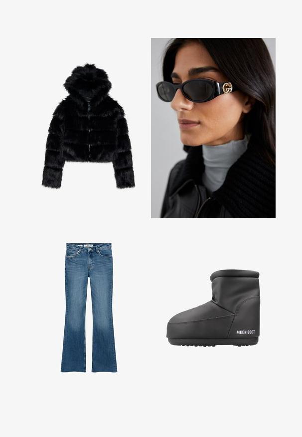 Giacca corta in finta pelliccia nera con cappuccio. Caratterizzata da una chiusura con zip, una texture morbida e un design a righe orizzontali.; Maglione grigio a collo alto realizzato in morbido tessuto a maglia con polsini e orlo a coste. Presenta una vestibilità rilassata e un colletto strutturato.; Jeans in denim blu svasati con vita media, dotati di tasche frontali e una texture liscia, con un design pulito e classico.; Moon Boot ICON LOW NO - Stivali da neve - black; Occhiali da sole neri con una montatura rettangolare elegante e un accento del logo dorato sul lato. Le lenti scure e la finitura lucida sono evidenti.