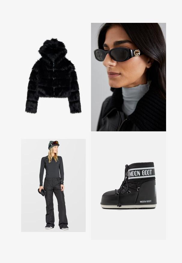 Black faux fur cropped jacket with a hood. Features a zip closure, soft texture, and horizontal quilted design.; Black turtleneck sweater made of soft knit material, featuring long sleeves and ribbed accents at the neck and hem. Fitted design.; Black long-sleeve thermal top paired with black snow pants. The outfit includes a green beanie and ski goggles, emphasizing functionality.; Black Moon Boot with a padded upper, secured by laces and a distinctive white band featuring the logo. Thick, textured rubber sole.; Black sunglasses featuring a sleek rectangular frame with a gold logo accent on the side. Dark lenses and glossy finish are prominent.; Brandit MULTIFUNKTIONSTUCH - Snood - black