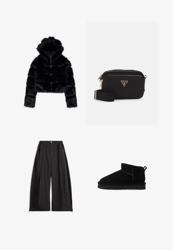 Sort faux fur cropped jakke med hætte. Har lynlåslukning, blød tekstur og horisontal quiltet design.; Grå cropped hoodie i blødt materiale med et frontgrafik med rød og sort tekst. Afsluttet med hætte og ribbede manchetter.; Sorte vide bukser med høj talje, der har plisseringer, en frontlukning med knap og to sidelommer. Fremstillet af stof med en struktureret overflade.; Bianco Vinterstøvler - black; Sort nylon crossbody taske med et guld trekantet logo, lynlås-lukning, og en bred justerbar rem med ordet "GUESS" i sort.