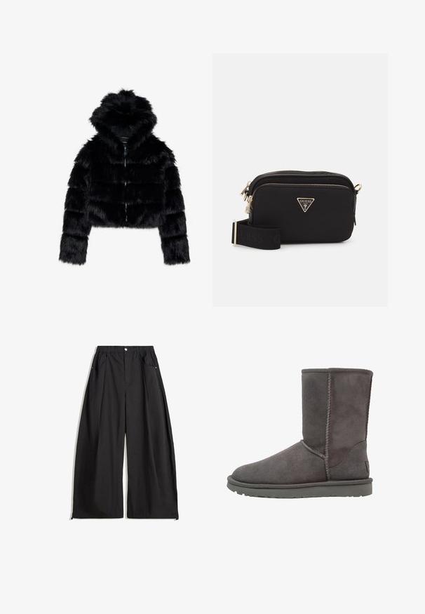 Crna kratka jakna od umjetnog krzna s kapuljačom. Ima patentni zatvarač, mekani tekstur i horizontalni kvadratni uzorak.; Siva skraćena dukserica od mekanog materijala s prednjim grafičkim printom u crvenoj i crnoj boji. Završena s kapuljačom i rebrastim manžetama.; Crne hlače širokih nogavica s visokim strukom, s nabora, prednjim zatvaranjem na dugme i dva bočna džepa. Izrađene su od tkanine s teksturiranim završetkom.; Sive čizme od antilopa do gležnja s zaobljenim vrhom, vertikalnim detaljima šava i ravnim gumiranim đonom. Imaju jednostavan, neukrašen dizajn.; Crni najlon crossbody ranac s zlatnim trokutastim logotipom, zatvaranjem na zip i širokim podesivim remenom sa riječju "GUESS" u crnoj boji.