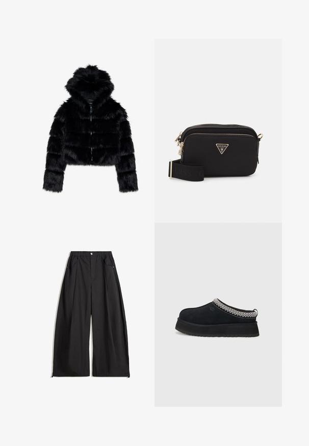 Schwarze Kunstfell-Bolerojacke mit Kapuze. Sie verfügt über einen Reißverschluss, eine weiche Textur und ein quer gestepptes Design.; Grauer, kurzer Hoodie aus weichem Material mit einem Frontgrafikdruck in rotem und schwarzem Text. Abgerundet mit einer Kapuze und gerippten Bündchen.; Schwarze weite Hosen mit hoher Taille, ausgestattet mit Falten, einem Knopfverschluss vorne und zwei seitlichen Taschen. Hergestellt aus einem Stoff mit strukturiertem Finish.; Schwarzer Wildlederschuh zum Hineinschlüpfen mit einer dickeren Sohle, ausgestattet mit strukturierten, schwarz-weißen, gewebten Akzenten am Kragen.; Schwarze Nylon-Crossbody-Tasche mit einem goldenen dreieckigen Logo, Reißverschluss und einem breiten verstellbaren Trageriemen, der das Wort "GUESS" in Schwarz trägt.