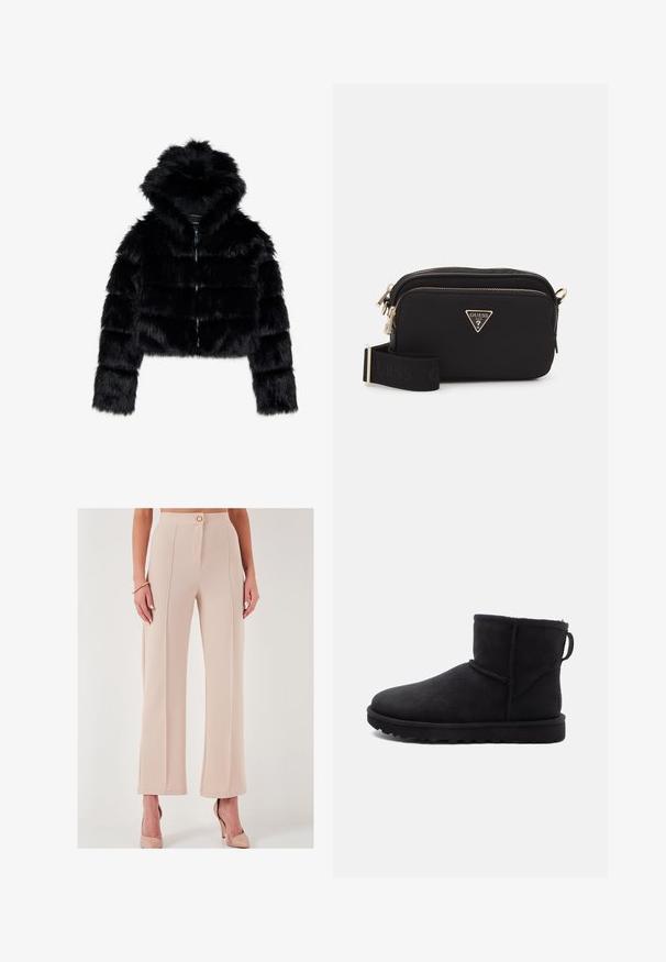 Veste cropped en fausse fourrure noire avec capuche. Elle présente une fermeture éclair, une texture douce et un design matelassé horizontal.; Hoodie gris cropped en matériau doux, avec un motif à l'avant comportant un texte rouge et noir. Finition avec une capuche et des poignets côtelés.; Pantalons larges taille haute beiges en tissu texturé, dotés d'une fermeture à bouton à l'avant et de poches latérales, avec une finition soignée.; Bottine en daim noir, à bout rond, doublée de shearling et avec une semelle en caoutchouc plate. Elle présente une couture latérale et une languette à l'arrière.; Sac en bandoulière noir en nylon avec un logo triangulaire doré, fermeture éclair, et une large sangle ajustable arborant le mot "GUESS" en noir.