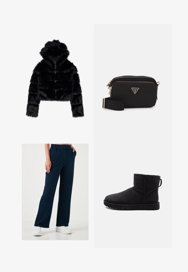 Sort faux fur cropped jakke med hætte. Har lynlåslukning, blød tekstur og horisontal quiltet design.; Grå cropped hoodie i blødt materiale med et frontgrafik med rød og sort tekst. Afsluttet med hætte og ribbede manchetter.; Mørkeblå bukser med vid ben i et blødt, elastisk stof, med snoretræk i taljen og sidelommer, parret med hvide sneakers.; Sort ruskinds ankelstøvle med rund tå, et shearling-fôr og en flad gummisål. Har en sidesøm og en trækflap bagpå.; Sort nylon crossbody taske med et guld trekantet logo, lynlås-lukning, og en bred justerbar rem med ordet "GUESS" i sort.