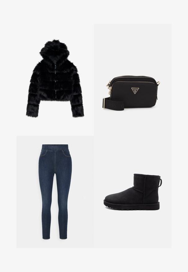 Svart fuskpälsjacka i cropped modell med huva. Har dragkedjeslutning, mjuk textur och horisontellt quiltat mönster.; Grå kortad hoodie i mjukt material med en framgrafik som har röd och svart text. Avslutad med en huva och ribbade muddar.; Mörkblå denim-jeggings med hög midja, smal passform och diskret blekning. Inkluderar framfickor och en slät, mjuk textur.; Svart mocka känga med rund tå, foder av fårskinn och en platt gummisula. Har en sidoseam och en dragtab bak.; Svart nylonaxelväska med en guldfärgad triangulär logotyp, dragkedjestängning och en bred justerbar rem med ordet "GUESS" i svart.