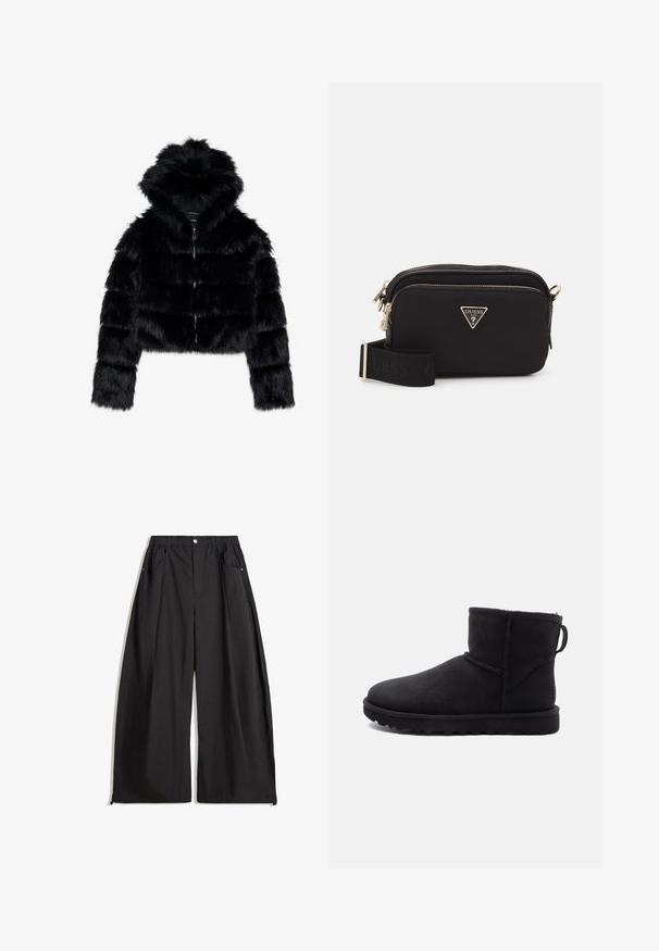 Fekete műszőrme rövid kabát kapucnival. Cipzárral záródik, puha tapintású és vízszintes steppelt mintázattal rendelkezik.; Szürke, rövidített kapucnis pulóver puha anyagból, elülső grafikával, piros és fekete szöveggel. Kapucnival és bordázott ujjak végével készült.; Fekete, bő szárú nadrág, magas derékkal, amely redőkkel, elülső gombzárral és két oldalsó zsebbel rendelkezik. Strukturált anyagból készült.; Fekete nubuk bokacsizma kerek orral, birkával bélelt béléssel és lapos gumitalppal. Oldalsó varrással és hátsó húzófüllel rendelkezik.; Fekete nylon keresztpántos táska arany háromszöglogóval, cipzáras záródással, és széles állítható pánttal, amelyen a "GUESS" szó fekete színben szerepel.