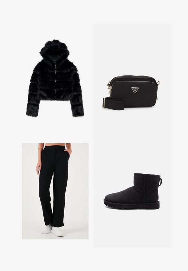 Musta tekoturkis lyhyt takki huppulla. Varustettu vetoketjulla, pehmeällä pinnalla ja vaakasuoralla tikatulla muotoilulla.; Harmaa lyhyt huppari pehmeästä materiaalista, jossa on etupuolella punaisia ja mustia tekstejä. Varustettu hupulla ja ribbireunuksilla.; Mustat, leveälahkeiset housut, joissa on sileä pinta, laskostettu etuosa ja sivutaskut. Yhdistetty valkoisiin lenkkareihin kontrastiksi.; Mustat mokkanahasta valmistetut nilkkurit, joissa on pyöreä kärki, lampaanvilla vuori ja litteä kumipohja. Varressa on sauma ja takana vetoketju.; Mustakankainen nylonsuunnistuslaukkus, jossa on kultainen kolmiomainen logo, vetoketjukiinnitys ja leveä säädettävä olkahihna, jossa on musta teksti "GUESS".