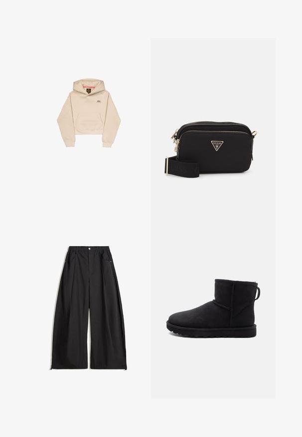 Črna umetna krznena kratka jakna s kapuco. Ima zadrgo, mehak tekstur in vodoravni prešiti dizajn.; Skrajno bež pulover s kapuco, izdelan iz mehkega materiala, z sprednjim žepom, kapuco in majhnim logotipom na prsih. Gladka tekstura in sproščen kroj.; Črne široke hlače z visokim pasom, ki vključujejo izpustke, sprednje zapiranje na gumb in dve stranski žepi. Narejene iz tkanine z teksturiranim zaključkom.; Črne antilop škornje do gležnjev z okroglo konico, obložene s krznom in z ravnim gumijastim podplatom. Imajo stranski šiv in zanka za obuvanje na zadnji strani.; Črna najlon torbica čez ramo z zlatim trikotnim logotipom, z zadrgo in širokim nastavljivim trakom, na katerem je napis "GUESS" v črni barvi.