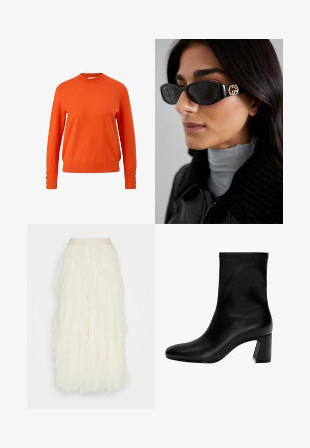 Zwarte nep-bonten cropped jack met een capuchon. Voorzien van een ritsluiting, een zachte textuur en een horizontaal gestikt design.; Oranje gebreide trui met een hoge halslijn, lange mouwen en knoopaccenten bij de manchetten. Glad textuur en een licht getailleerd ontwerp.; Creme kleurige tule rok met gelaagde ruches. Beschikt over een gladde tailleband en een gestructureerde, doorschijnende afwerking. Val op knielengte.; Zwarte enkellaars van soepel leer. Heeft een vierkante neus, een elastische bovenkant en een chunky hak voor stabiliteit. Minimalistisch ontwerp.; Zwarte zonnebril met een stijlvolle rechthoekige montuur en een gouden logo-accent aan de zijkant. Donkere lenzen en een glanzende afwerking zijn opvallend.