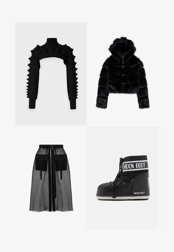 Sort faux fur cropped jakke med hætte. Har lynlåslukning, blød tekstur og horisontal quiltet design.; Chet Lo SINGLE SPIKE SLEEVES - Striktrøje - black; Sort langærmet top med en gennemsigtig ribbet tekstur, der har en flæset mock neck og en cropped helm.; Sort gennemsigtig nederdel med en rynket talje, der har to store forlommer, et taljebånd og en cirkulær metaldetalje.; Sort Moon Boot med en polstret overdel, sikret med snørebånd og et karakteristisk hvidt bånd med logoet. Tykk, struktureret gummi sål.