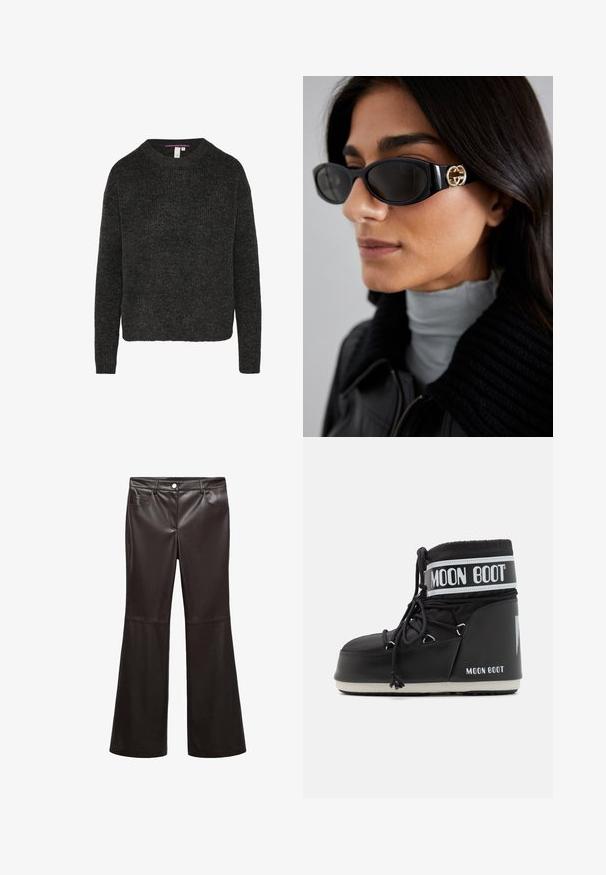 Czarna kurtka z sztucznego futra, krótka, z kapturem. Posiada zamek błyskawiczny, miękką fakturę oraz poziomy, pikowany wzór.; Ciemnoszary sweter dzianinowy z okrągłym dekoltem i długimi rękawami. Posiada prążkowaną fakturę i prosty dół. Luźny krój.; Czarna dzwonowata spodnie wykonane z gładkiej sztucznej skóry, z przednimi kieszeniami, zamkiem błyskawicznym i srebrnym guzikiem. Podkreślone detale przeszycia.; Czarne buty Moon Boot z wyściełanym cholewką, zabezpieczone sznurówkami i charakterystycznym białym paskiem z logo. Gruba, teksturowana gumowa podeszwa.; Czarne okulary przeciwsłoneczne o eleganckim, prostokątnym kształcie z logo w kolorze złotym na boku. Ciemne soczewki i błyszczące wykończenie są wyraźnie widoczne.; Even&Odd - Torba na zakupy