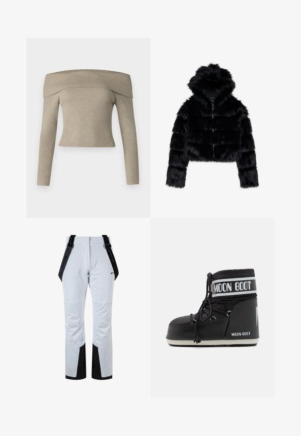 Schwarze Kunstfell-Bolerojacke mit Kapuze. Sie verfügt über einen Reißverschluss, eine weiche Textur und ein quer gestepptes Design.; Beige farbenes, geripptes Strickoberteil mit schulterfreien Ärmeln und tailliertem Schnitt. Mit einem kleinen Logoakzent am Saum.; Weiße wasserdichte Hose mit schwarzen Akzenten, ausgestattet mit Trägern, einer glatten Textur und einem geraden Schnitt, geeignet für Outdoor-Aktivitäten.; Schwarze Moon Boot mit gepolstertem Schaft, der mit Schnürsenkeln gesichert ist, und einem auffälligen weißen Band mit dem Logo. Dicke, strukturierte Gummisohle.