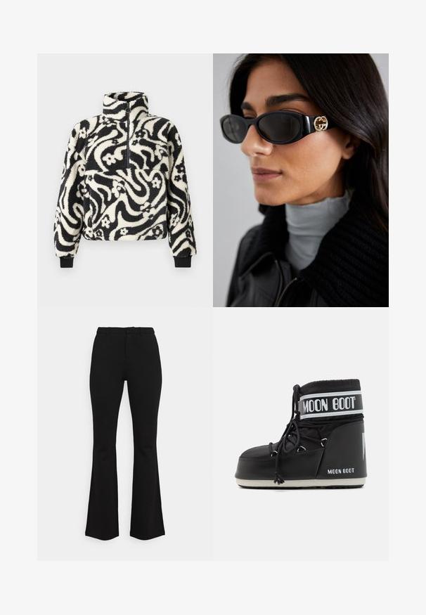 Black faux fur cropped jacket with a hood. Features a zip closure, soft texture, and horizontal quilted design.; Black and white fleece pullover with a high collar, featuring a swirling floral pattern and ribbed cuffs. Front zipper closure.; Black flared trousers made of stretchy fabric. Features a fitted waist, flat front design, and subtle seam detailing. Smooth texture overall.; Black Moon Boot with a padded upper, secured by laces and a distinctive white band featuring the logo. Thick, textured rubber sole.; Black sunglasses featuring a sleek rectangular frame with a gold logo accent on the side. Dark lenses and glossy finish are prominent.; Rabanne Handbag - black/silver; Gold-colored ring with a beaded design, featuring evenly spaced, round beads with a shiny, reflective surface.