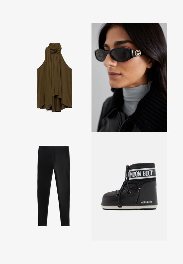 Svart fuskpälsjacka i cropped modell med huva. Har dragkedjeslutning, mjuk textur och horisontellt quiltat mönster.; Olivgrön ärmlös blus med draperad halsringning och plisseringar. Mjukt tyg, flödande form, har knappar på baksidan.; Svart leggings tillverkade av elastiskt tyg, med en åtsittande design utan synliga sömmar eller fickor, lämpliga för olika aktiviteter.; Svart Moon Boot med en vadderad ovandel, säkrad med snörning och ett distinkt vitt band med logotypen. Tjock, texturerad gummisula.; Svarta solglasögon med en elegant rektangulär ram och en guldfärgad logotypaccent på sidan. Mörka linser och en blank yta är framträdande.