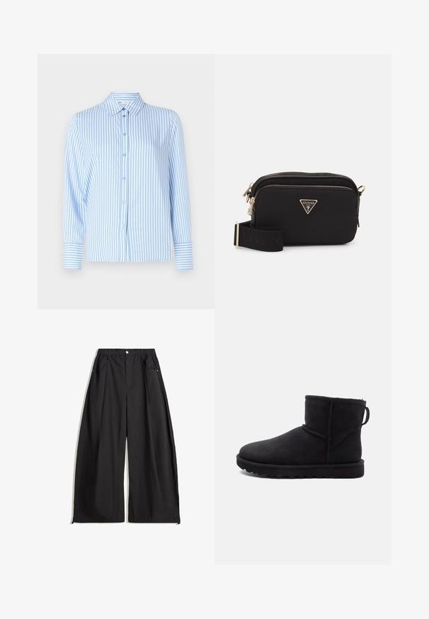 Schwarze Kunstfell-Bolerojacke mit Kapuze. Sie verfügt über einen Reißverschluss, eine weiche Textur und ein quer gestepptes Design.; Hellblau gestreifte Langarmbluse mit Kragen, Knopfleiste und kontrastierenden gestreiften Manschetten. Glatte Stofftextur.; Schwarze weite Hosen mit hoher Taille, ausgestattet mit Falten, einem Knopfverschluss vorne und zwei seitlichen Taschen. Hergestellt aus einem Stoff mit strukturiertem Finish.; Schwarze Wildleder-Stiefelette mit runder Zehenpartie, einem Schafsfellfutter und einer flachen Gummisohle. Mit einer Seitennaht und einem Ziehband an der Rückseite.; Schwarze Nylon-Crossbody-Tasche mit einem goldenen dreieckigen Logo, Reißverschluss und einem breiten verstellbaren Trageriemen, der das Wort "GUESS" in Schwarz trägt.