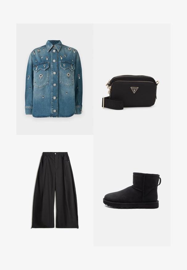 Giacca corta in finta pelliccia nera con cappuccio. Caratterizzata da una chiusura con zip, una texture morbida e un design a righe orizzontali.; Giacca di jeans con maniche lunghe, chiusura frontale con bottoni, due tasche sul petto, decorata con applicazioni di strass bianchi e neri raggruppati.; Pantaloni neri a gamba larga con vita alta, dotati di pieghe, chiusura frontale con bottone e due tasche laterali. Realizzati in tessuto con una finitura testurizzata.; Stivale alla caviglia in suede nero con punta rotonda, fodera in pelliccia sintetica e suola in gomma piatta. Presenta una cucitura laterale e un tassello sul retro.; Borsa a tracolla nera in nylon con un logo triangolare dorato, chiusura con zip e una larga tracolla regolabile con la scritta "GUESS" in nero.