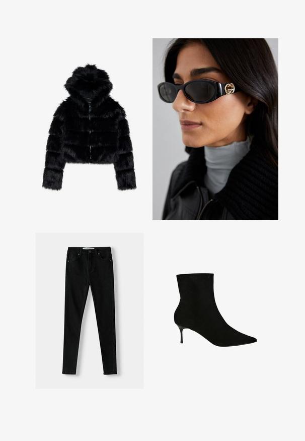 Črna umetna krznena kratka jakna s kapuco. Ima zadrgo, mehak tekstur in vodoravni prešiti dizajn.; Dva dolge rokave turtleneck majice, ena bela in ena črna, izdelani iz gladkega, raztegljivega materiala, oba imata slim-fit kroj in visoke ovratnike.; Črne slim-fit kavbojke iz denima, s klasičnim pet-pocket dizajnom, zadrgo in kovinsko gumba za zapiranje. Gladka tekstura po celotni površini.; Črne semiš sebične čevlje z ostrim nosom in vitkim stiletto petami. Gladka tekstura in prilegajoča silhueta, ki poudarja obliko.; Črne sončne očala z elegantnim pravokotnim okvirjem in zlatim logotipom na strani. Temna stekla in sijajna površina sta izrazita.
