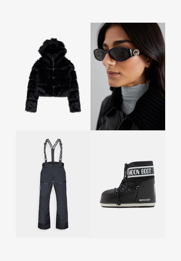 Zwarte nep-bonten cropped jack met een capuchon. Voorzien van een ritsluiting, een zachte textuur en een horizontaal gestikt design.; Zwarte turtleneck met lange mouwen, gemaakt van ribbelstof, heeft een aansluitend ontwerp met een hoge hals en geen patronen of accenten.; Zwarte skibroek met verstelbare bretels, ritszakken en textuurpanelen. Voorzien van versterkte boorden voor duurzaamheid.; Zwarte Moon Boot met een gevoerde bovenkant, bevestigd met veters en een kenmerkende witte band met het logo. Dikke, gestructureerde rubberen zool.; Zwarte zonnebril met een stijlvolle rechthoekige montuur en een gouden logo-accent aan de zijkant. Donkere lenzen en een glanzende afwerking zijn opvallend.; Zwarte, gequiltte handtas met een gouden kettingband, uitgerust met een onderscheidende gouden sluiting en een klein label, die een gestructureerde leren oppervlakte toont.