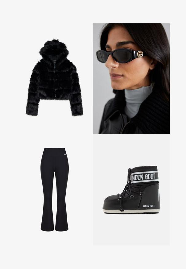 Jachetă din blană sintetică neagră, scurtă, cu glugă. Dispune de închidere cu fermoar, textură moale și design matlasat horizontal.; Top scurt, negru, cu mâneci lungi și guler înalt. Fabricat dintr-un material neted, strâns pe corp, fără modele sau accente vizibile.; Pantaloni negri cu textură canelată, cu talie înaltă. Textură netedă și siluetă adaptată, care se îngustează spre genunchi înainte de a se lărgi.; Cizmă neagră Moon Boot cu partea superioară căptușită, asigurată cu șireturi și o bandă albă distinctivă pe care se află logo-ul. Talpă groasă din cauciuc texturat.; Ochelari de soare negri, cu un cadru rectangular elegant și un accent cu logo auriu pe lateral. Lentile întunecate și finisaj lucios sunt proeminente.; Mănuși negre tricotate cu manșetă cu țesătură ribbing, concepute cu deschideri separate pentru degete pentru o dexteritate maximă. Textură moale și detalii de cusătură uniformă.